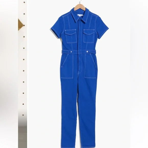 NWT GOOD AMERICAN fit for success stretch cotton twill wave Blue Jumpsuit S - Picture 2 of 7